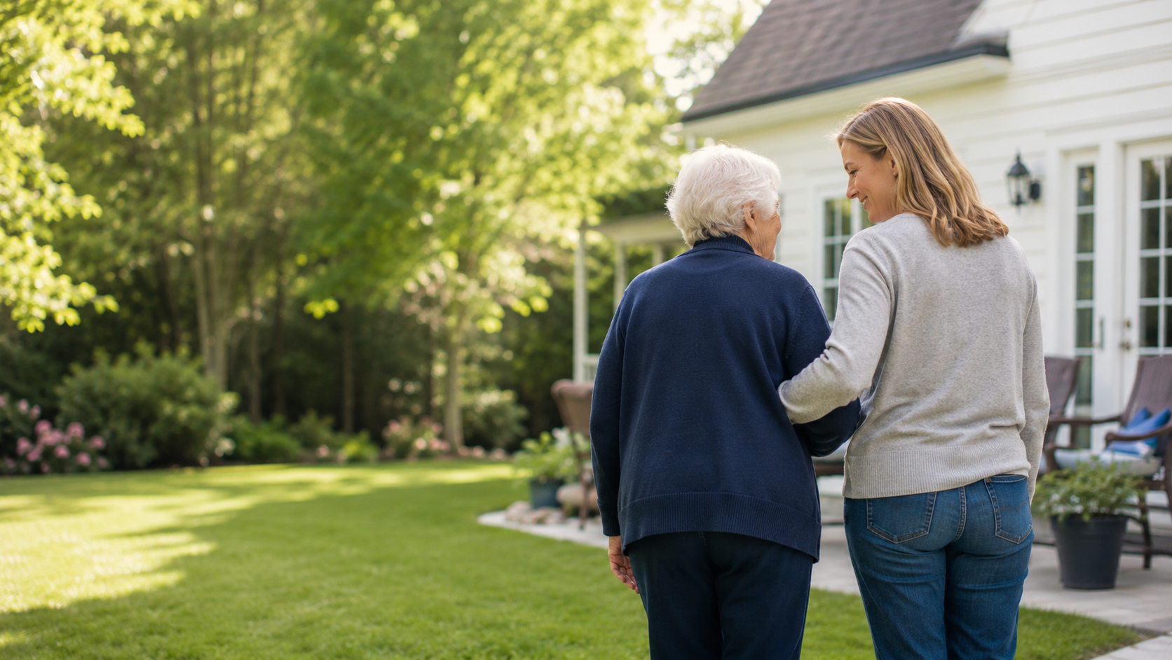 Caregiver walking with an elderly parent outside a home