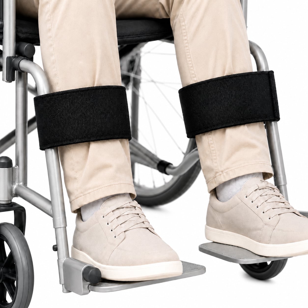 PSNOOK wheelchair leg straps shown around both lower legs and the chair-side frames