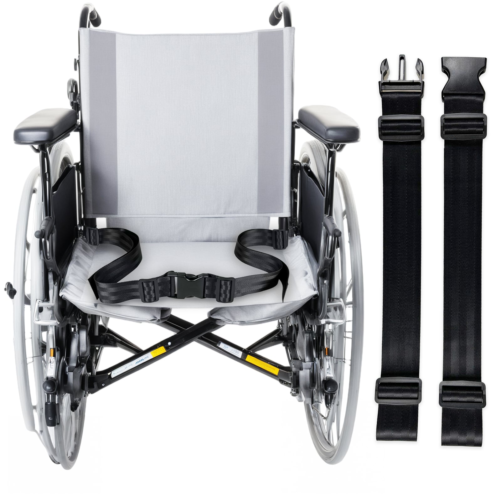 PSNOOK two-point wheelchair lap belt shown on a wheelchair with both separate strap sections beside it