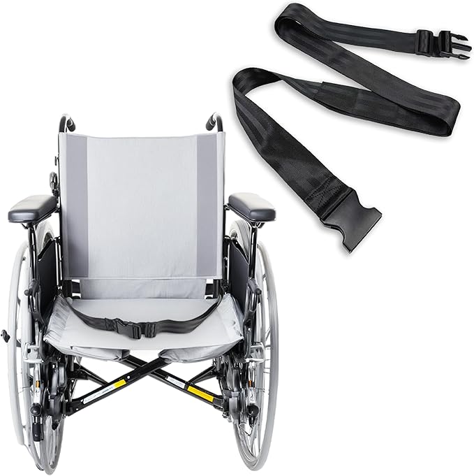 PSNOOK adjustable wheelchair safety strap seat belt installed around wheelchair backrest bars