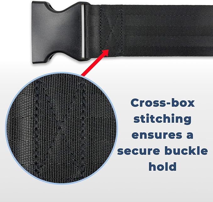 Cross-box stitching on PSNOOK wheelchair safety belt buckle connection