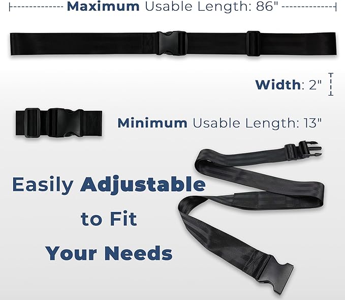 PSNOOK wheelchair safety strap dimensions showing 13 to 86 inch length and 2 inch width