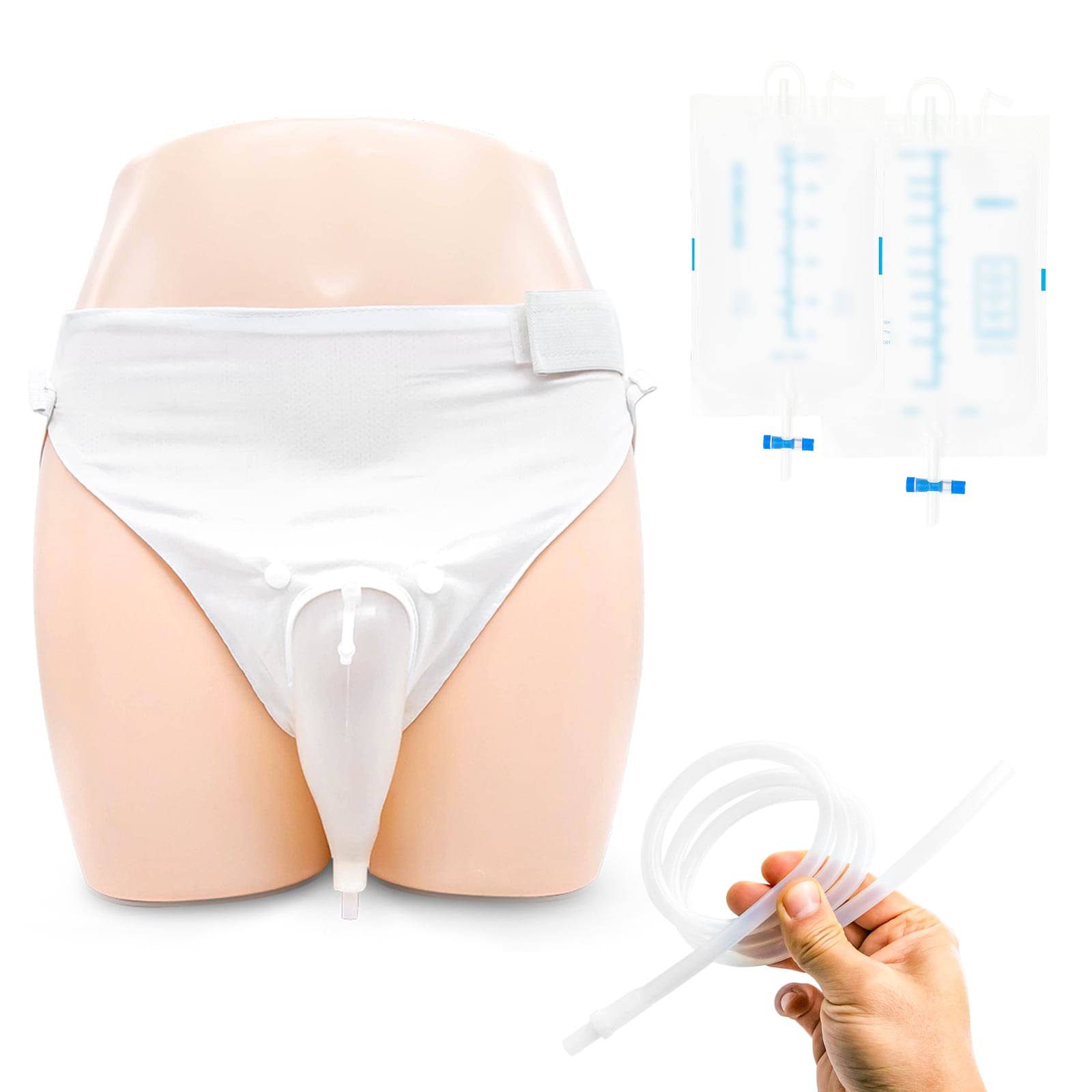 PSNOOK Elderly Men external urinal collector variant shown on a mannequin with tubing and collection bags