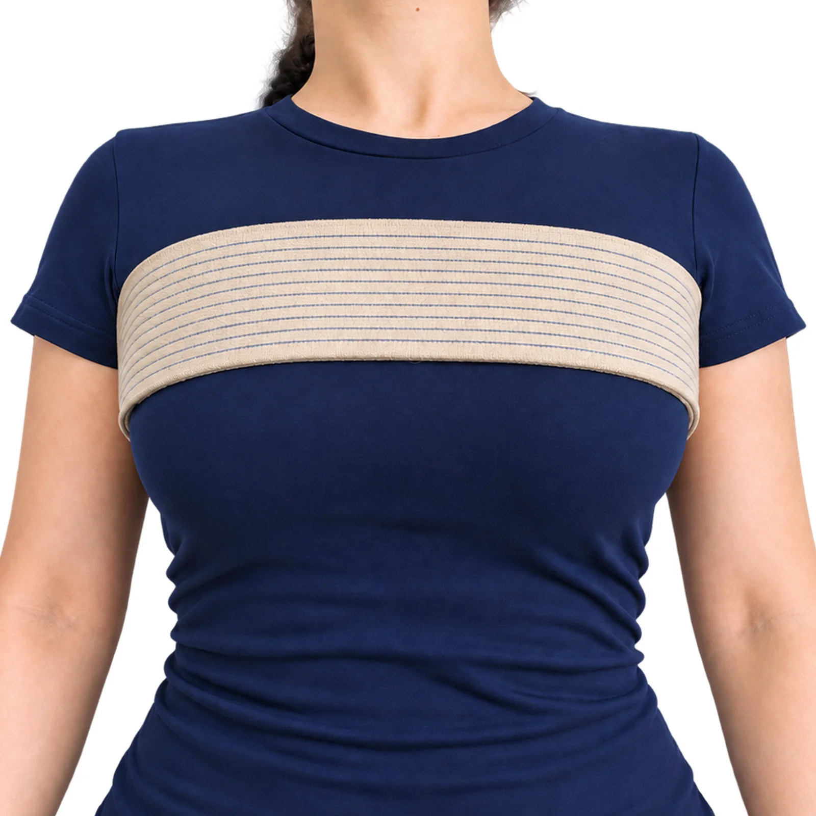 PSNOOK beige upper-chest compression band worn over a navy lightweight shirt